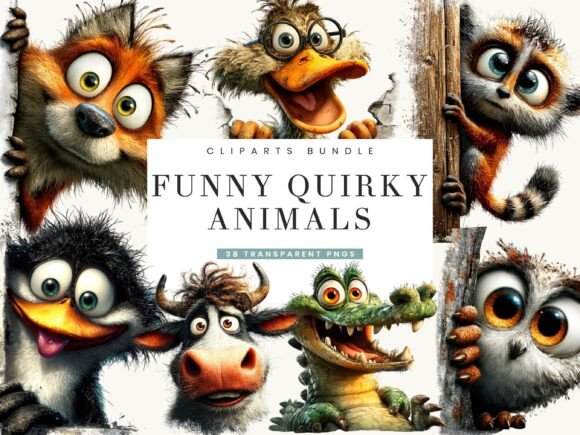 Bring Playful Charm to Your Designs with the 38 Funny Quirky Animals Clipart Bundle