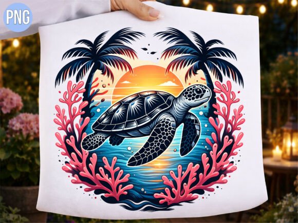 Sea Turtle Sunset Coral Reef Summer PNG Design