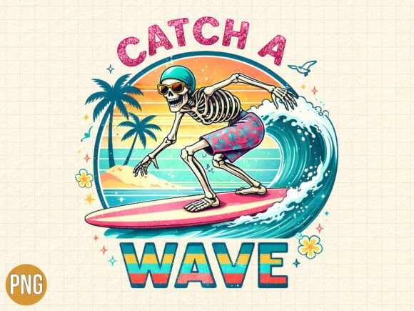 Skeleton Surfing Retro Beach Wave PNG Design